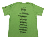 Back of INDICATORS green, short-sleeved t-shirt listing participating artist's names.