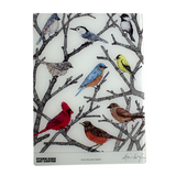 Rectangle glass board with year-round birds in tree branches.