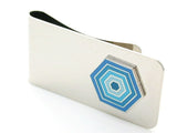 Silver money clip with blue honeycomb pattern.