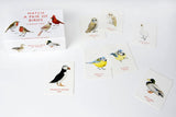Box and cards illustrated with birds.