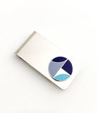 Rectangle money clip with round metal emblem in navy, blue, and white. 