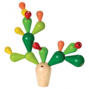 Smooth wooden cactus cone pieces with painted green, red, orange, and yellow spine pieces in various sizes. 