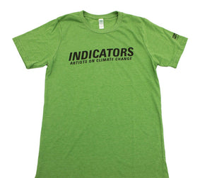 Front of INDICATORS green, short-sleeved t-shirt. 