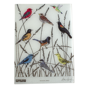 Rectangle glass board with year-round birds in tree branches.