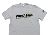 Front of INDICATORS blue, short-sleeved t-shirt.