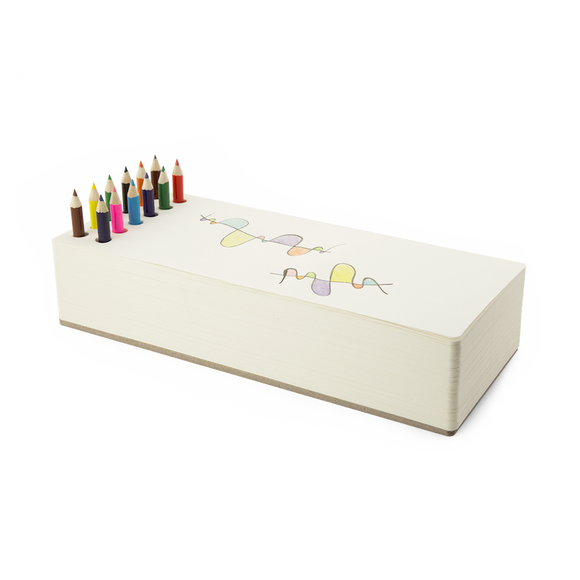 Rectangular chunky sketch pad with 12 colored pencils.