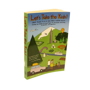 Soft cover book with family travel illustration.