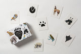 Box and illustrated cards with animals and matching paw prints.