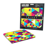 Square silicone trivet with colorful triangular design.