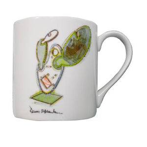White mug with multi-colored illustration of Catus #6 and Dennis Oppenheim signature.