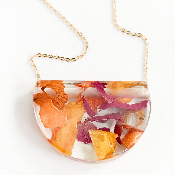 Eco-Resin Half Moon Pendant with Rose Petal accents.
