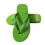 Green flip flops with sculpture illustration and Storm King Art Center logo. 