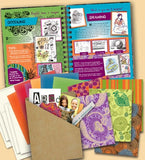Journal with package contents of assorted patterned and colored decorative paper.