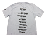 Back of INDICATORS blue, short-sleeved t-shirt listing participating artist's names..