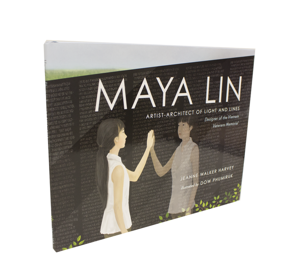 Book cover illustrated with Maya Lin as a child in front of the Vietnam Veterans Memorial she designs as an adult.